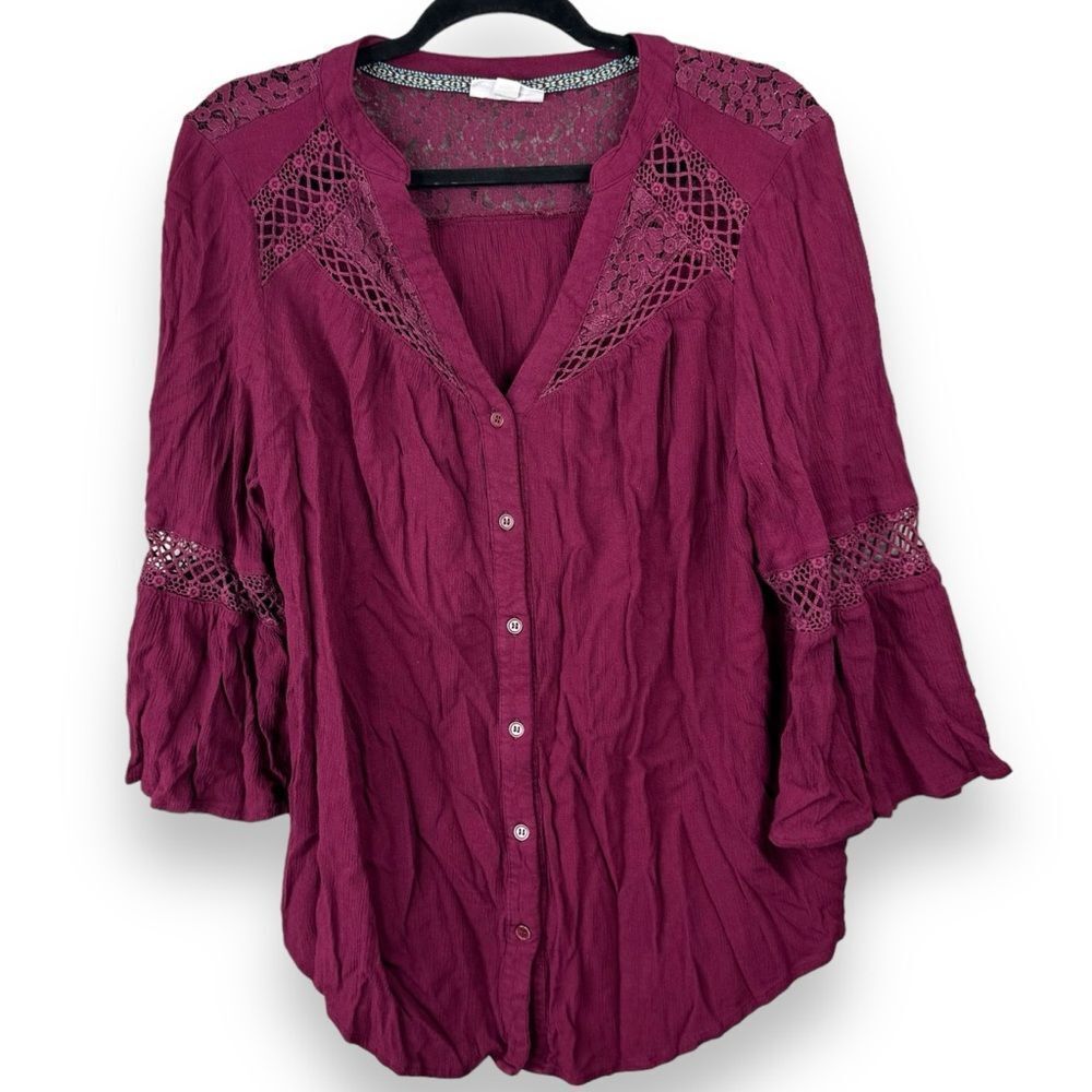 Westport Lace Cutout Button Down Blouse 1X Burgundy Bell Sleeve Flowy V-Neck Red
